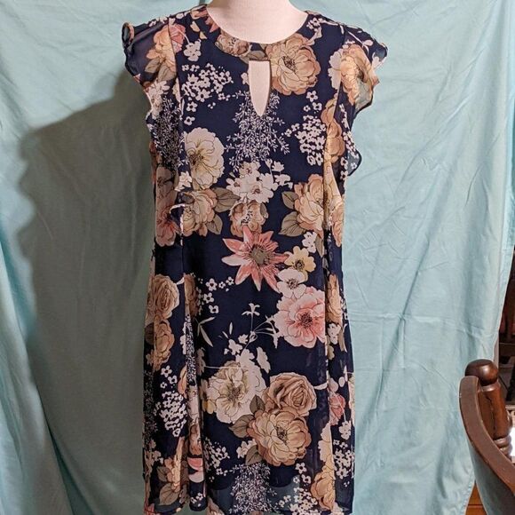 SIENNA SKY SLEEVELESS BLUE & FLORAL FULLY LINED DRESS - MEDIUM - Picture 1 of 8